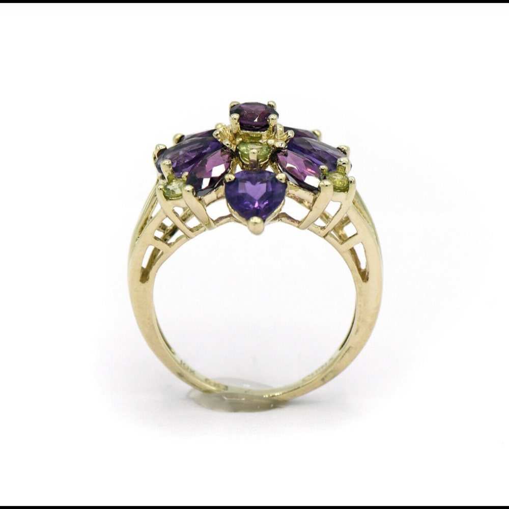 🍁 10KT YELLOW GOLD AMETHYST, PERIDOT & RHODOLITE GARNET FLOWER CLUSTER RING - Picture 3 of 12